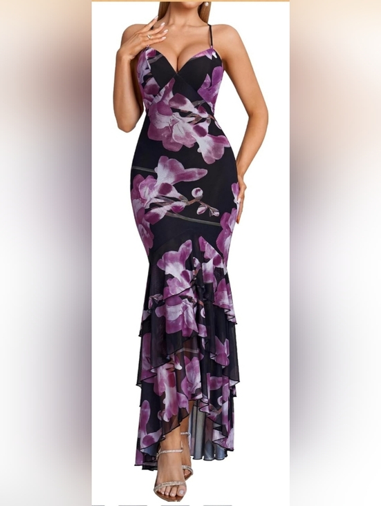 Dresses & Skirts - Floral Bodycon Maxi Dress Size L (8–10) V Neck Tie Back Cocktail Formal